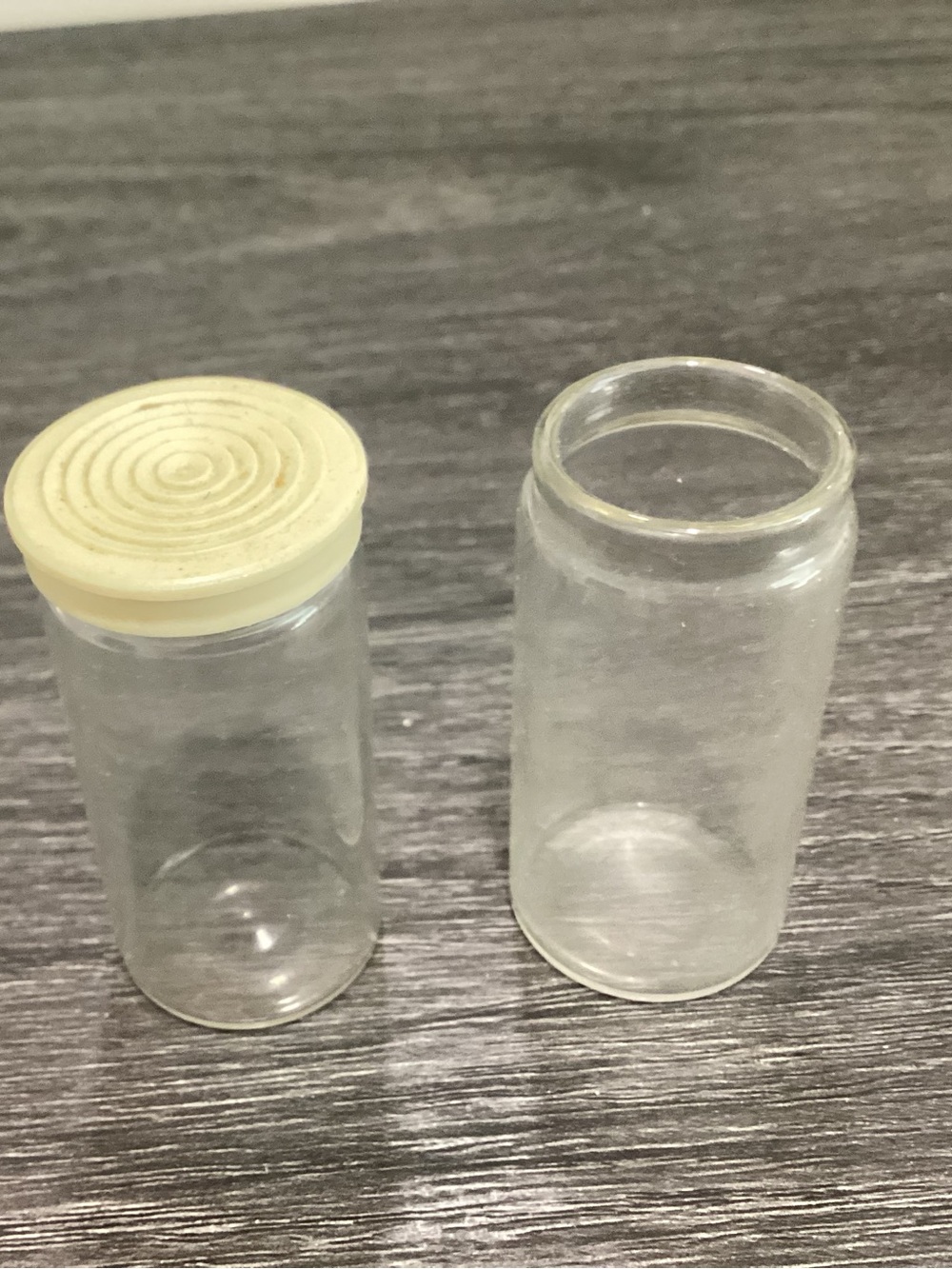 Vtg. Clear glass pharmacy RX bottles set of 2, pre-owned.